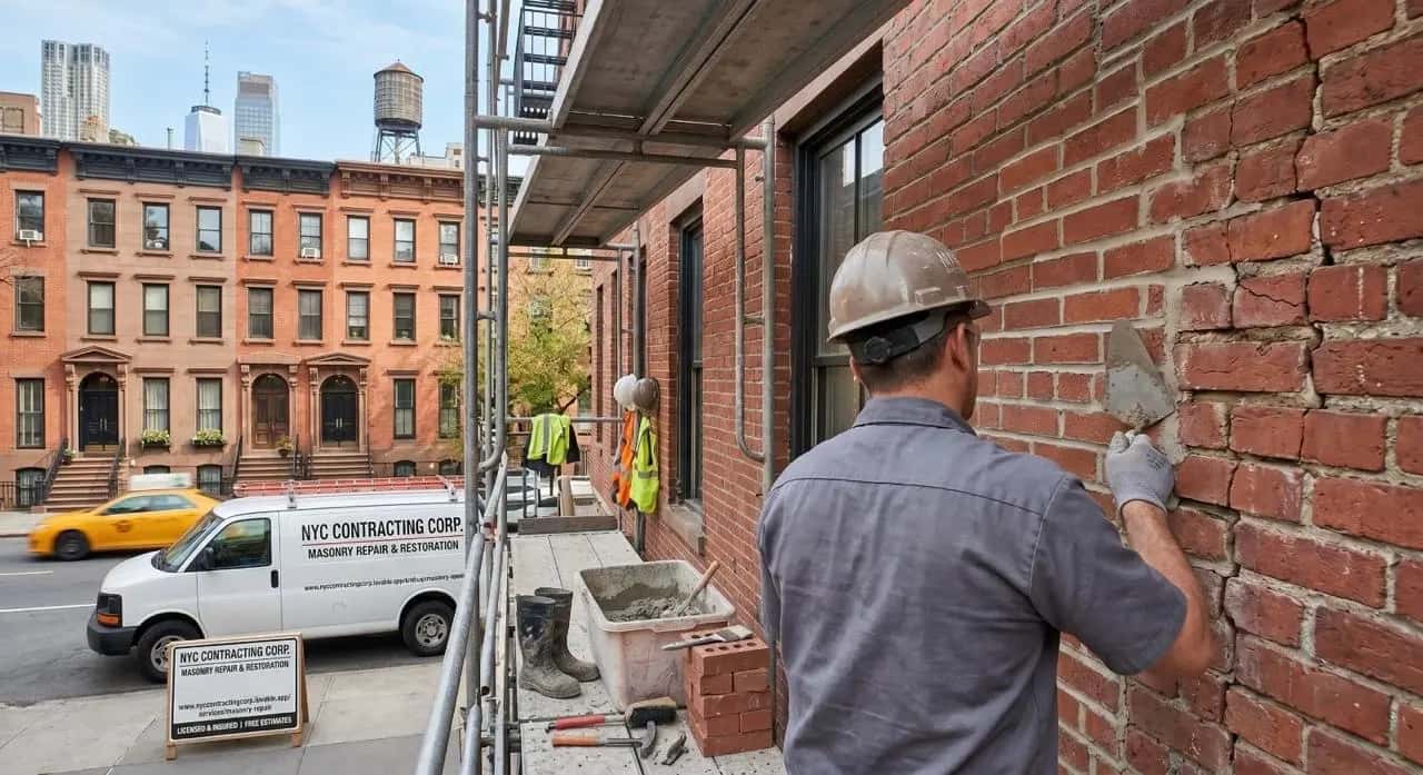 NYC Contracting Corp. mason repointing a brick facade in Manhattan