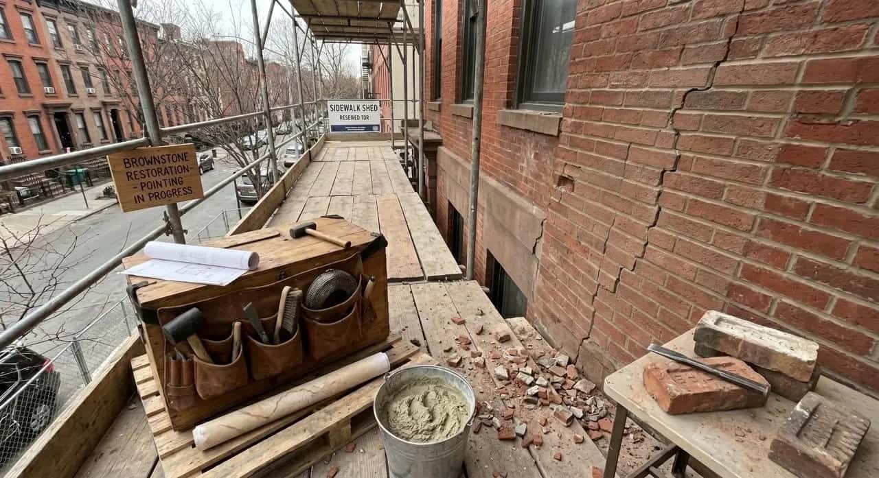 Repointed brick wall on NYC brownstone